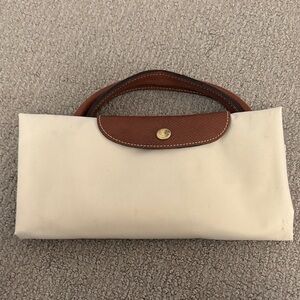 Longchamp white Foldable Tote with Brown Leather Trim